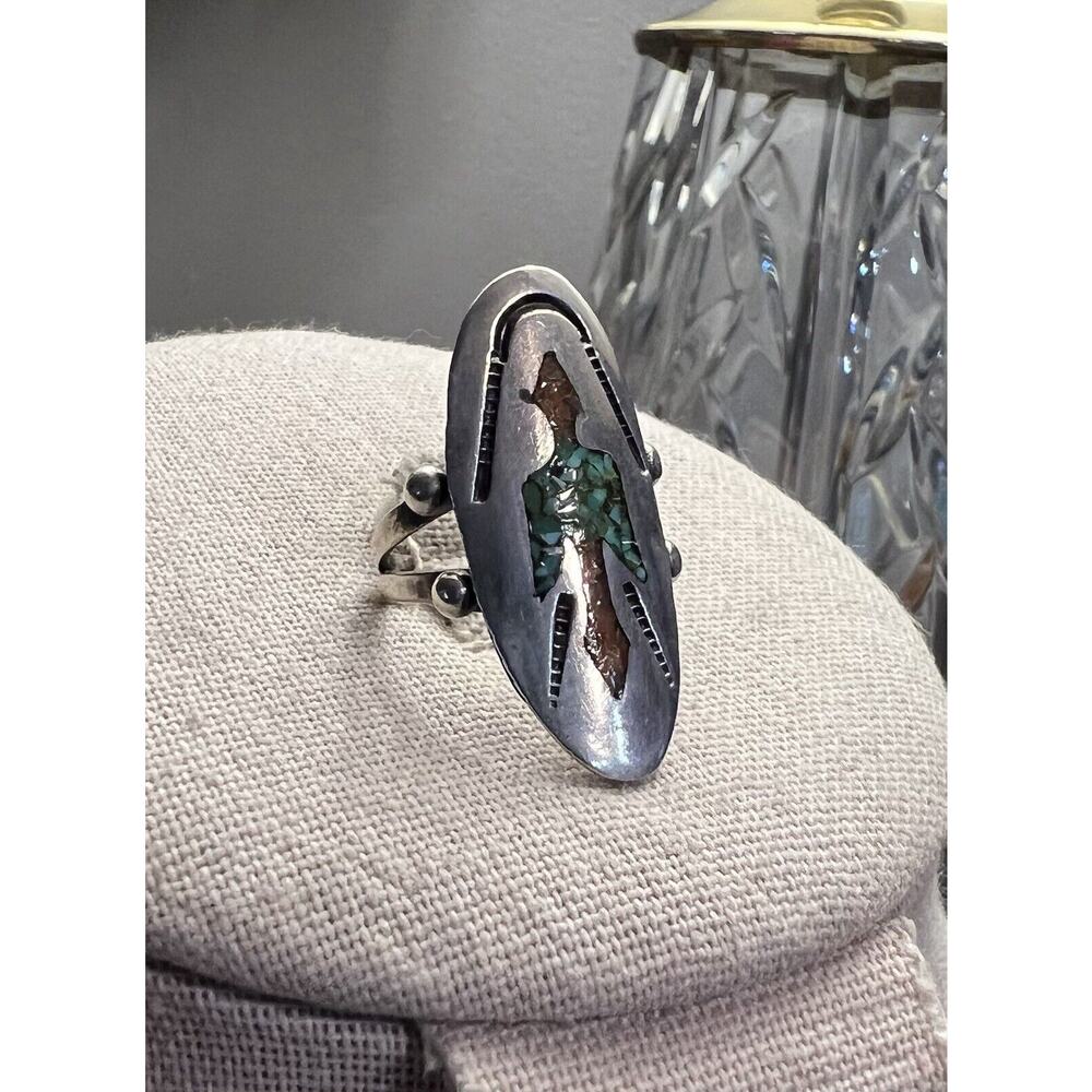 Sterling silver turquoise and coral inlay Navajo ring. Size 6.75. Vintage
